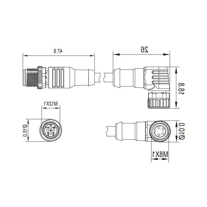 M8转M12 4Pin、M8母头90°转M12公头直型、双端预铸PVC非柔性电缆、灰色护套、63D283-XXX