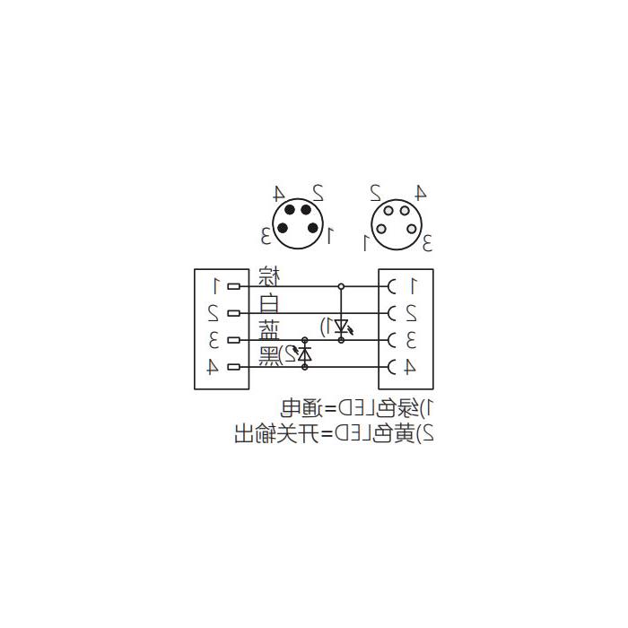 M8 4Pin、母头90°带LED灯转公头直型、双端预铸PUR柔性电缆、黑色护套、63D181-XXX