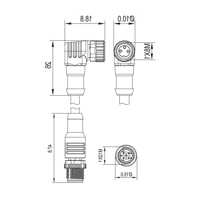 M8 3Pin 母头90°转M12 3Pin 公头直型、双端预铸PUR柔性电缆、橙色护套、63T221-XXX