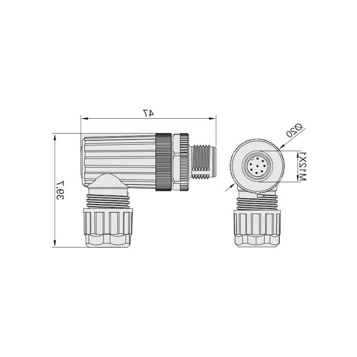 M12 8Pin、公头90°、食品級、螺钉连接、64F429